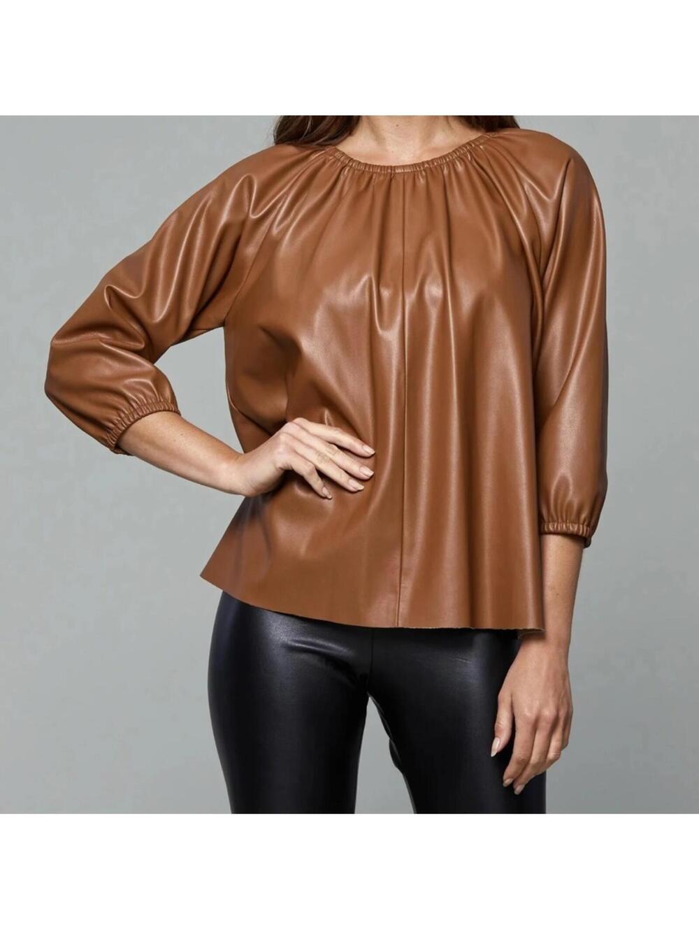NEW DOLCE CABO Blakey Faux Leather Puff Sleeve Top Camel Brown Sz M/Lg